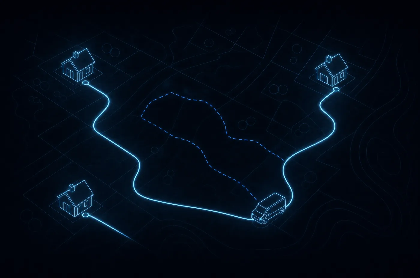 Line diagram of a service route connecting houses and a van
